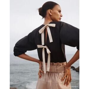 G. Label by Goop Jen Tie-Back Puff-Sleeve Top in Black 100% Cotton Italy EUC 0